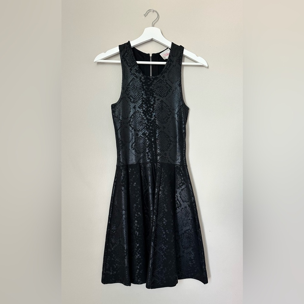 Sleek black sleeveless fit-and-flare dress with a subtle snakeskin pattern.